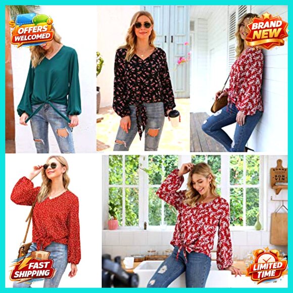 Floral Chiffon Blouse Lantern Sleeve Tie Front Loose Fit V Neck Elegant Top - Picture 4 of 7